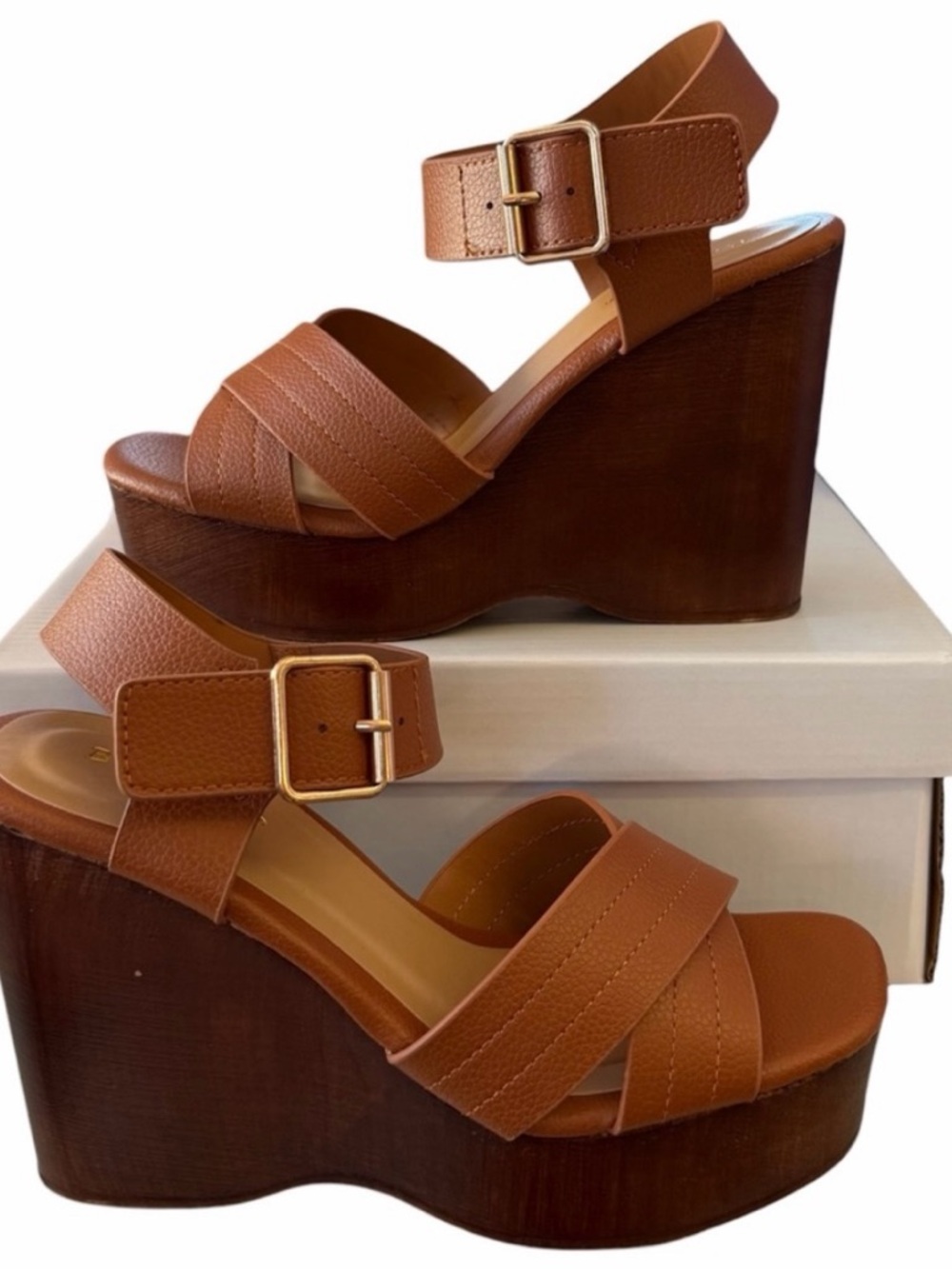 Bamboo Timber Wedge Platform Open Toe Sandal Light Brown Women's Summer SIZE 9